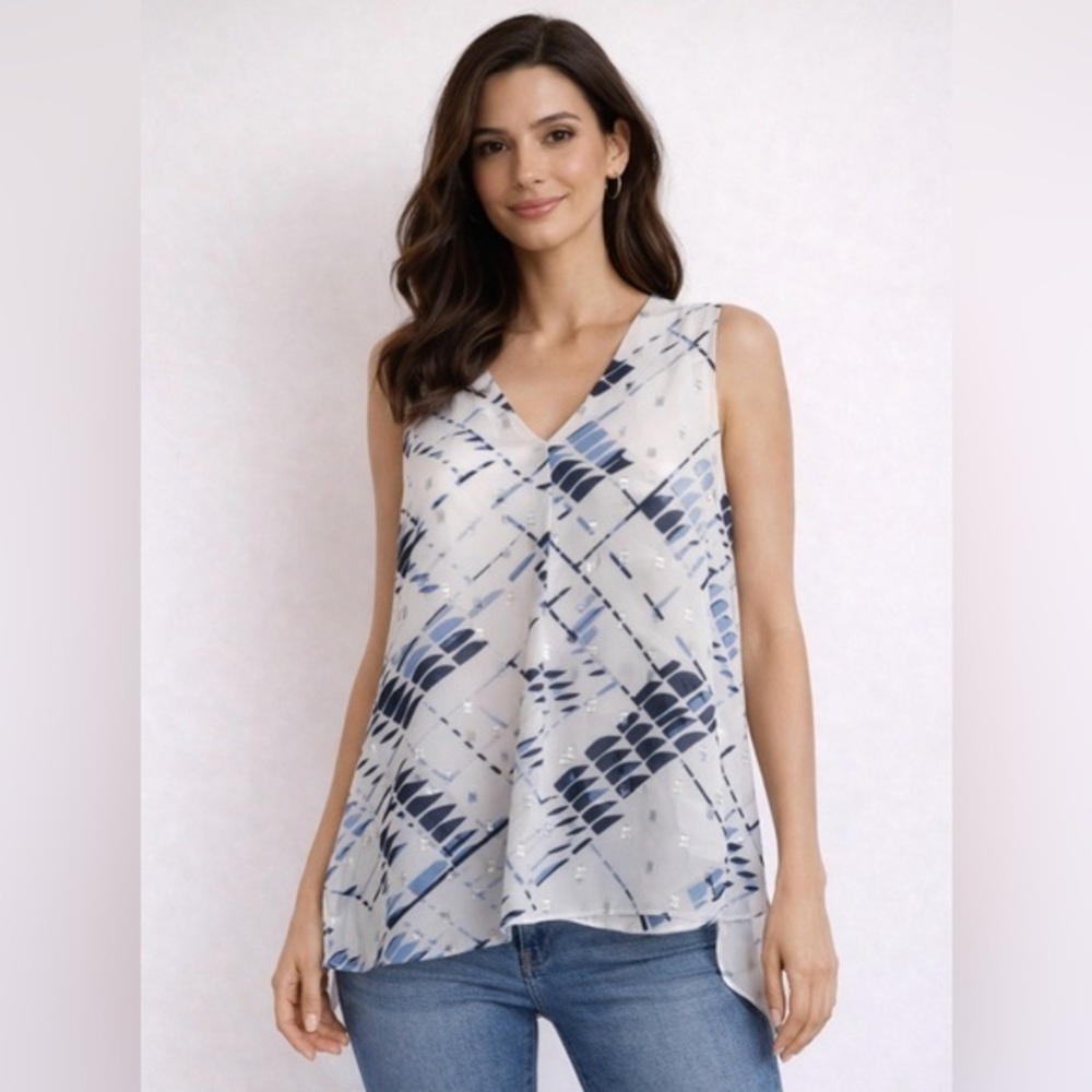 White House Black Market Blue and White V-Neck Blouse